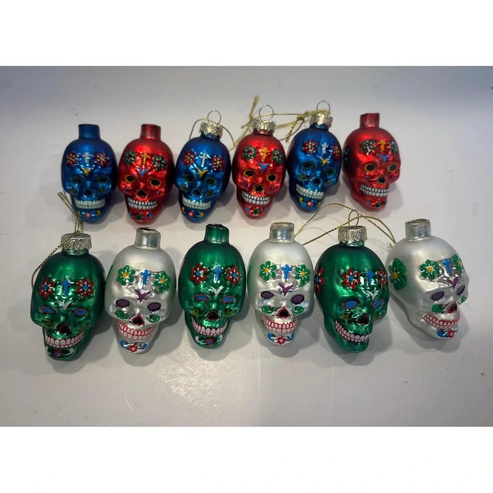 12 Vintage Day of the Dead Sugar Skull Glass Christmas Ornaments 2.5